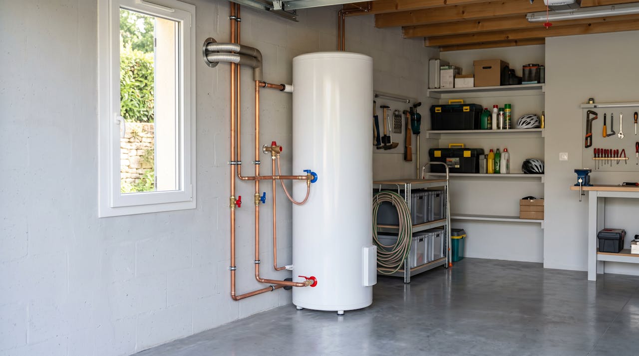 Ballon thermodynamique installé dans un garage
