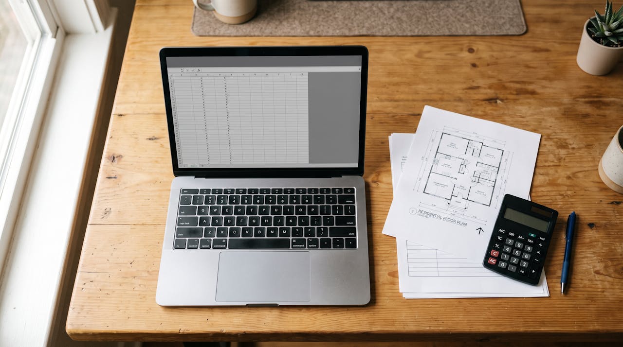 Bureau avec plan de maison, calculatrice et formulaires de demande d’aides