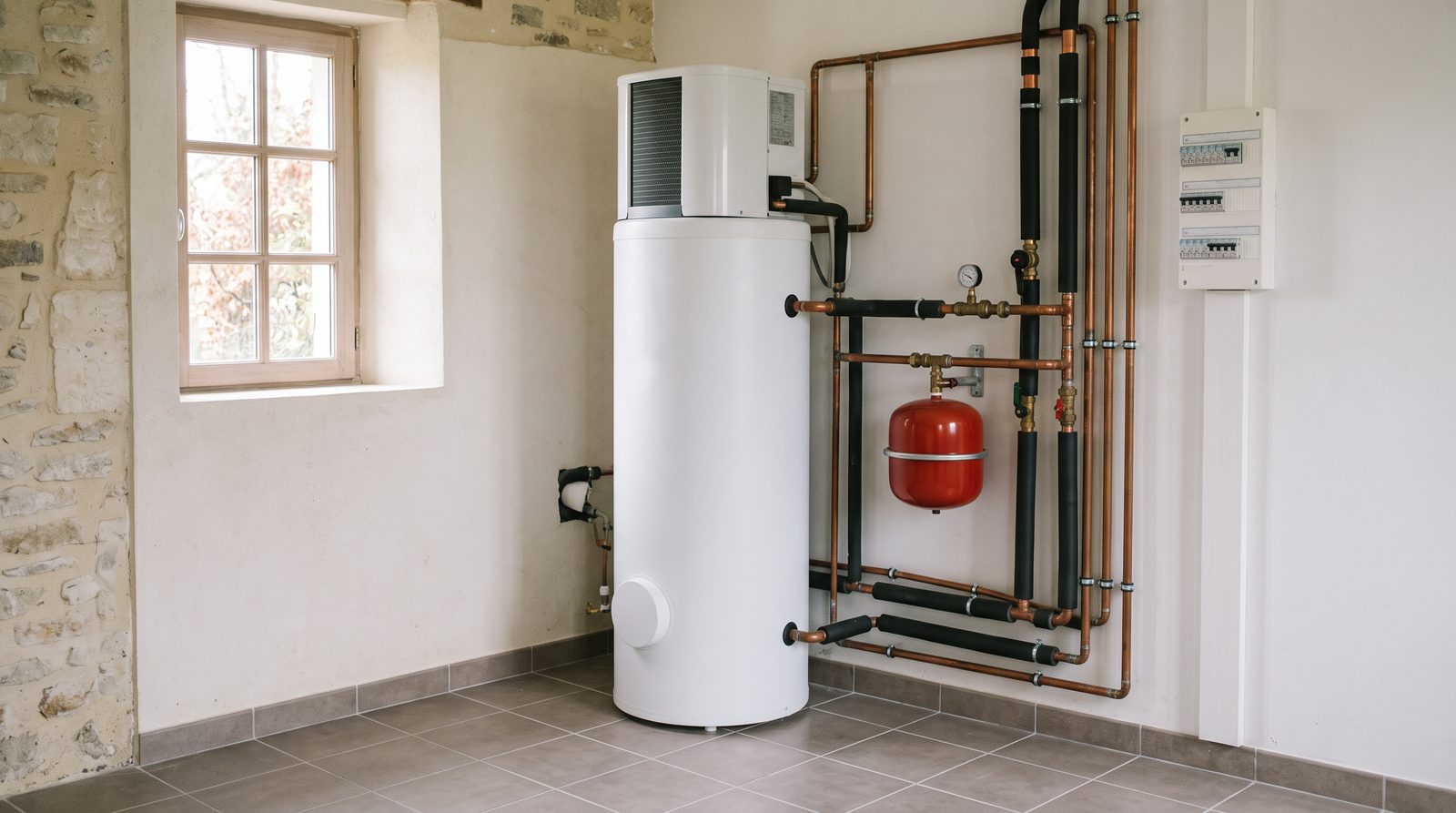 Ballon thermodynamique installé dans un local technique avec ses raccordements cuivre