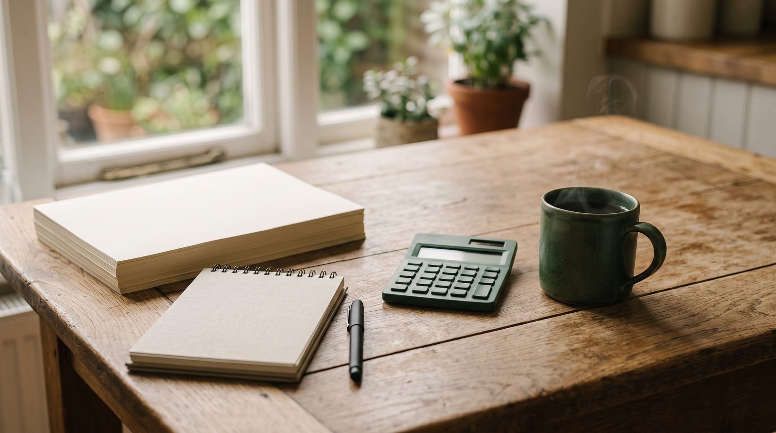 Table avec un dossier de demande d’aides, un carnet et une calculatrice