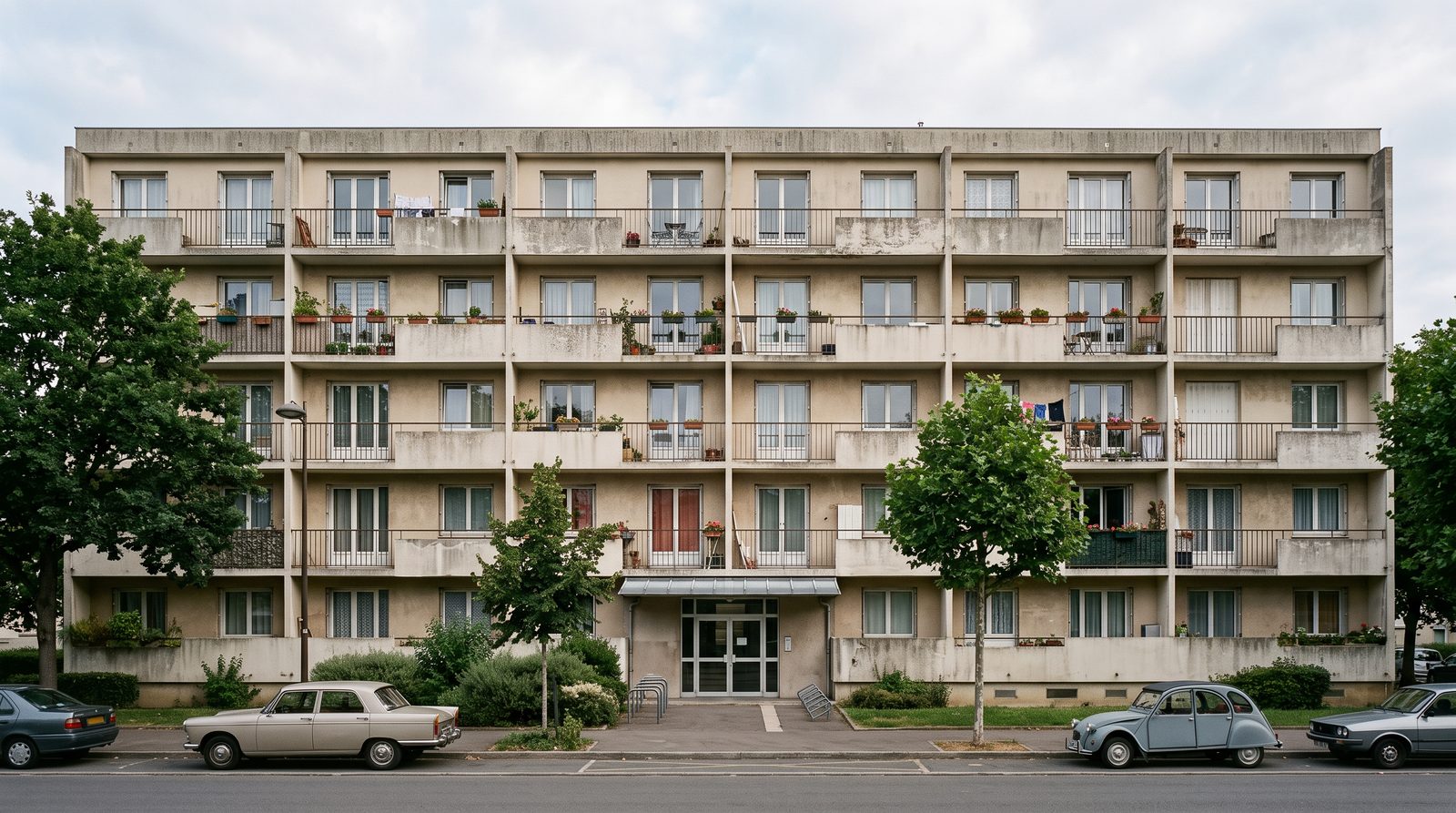 Façade d’un immeuble collectif des années 1970 en banlieue parisienne