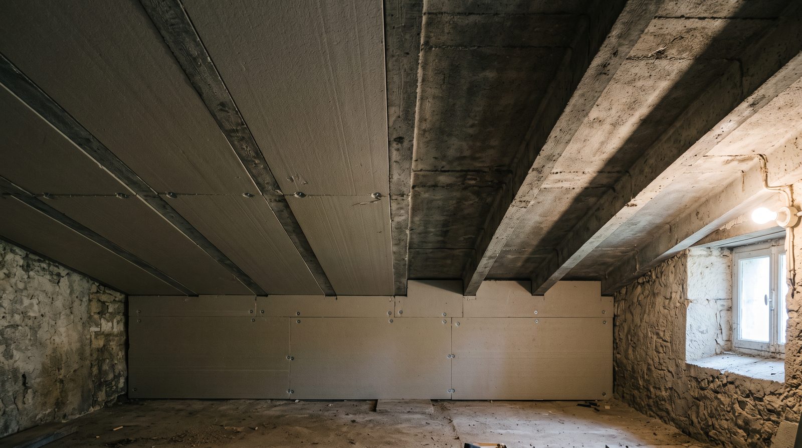 Plafond de cave isolé par panneaux rigides fixés entre les poutres du plancher bas