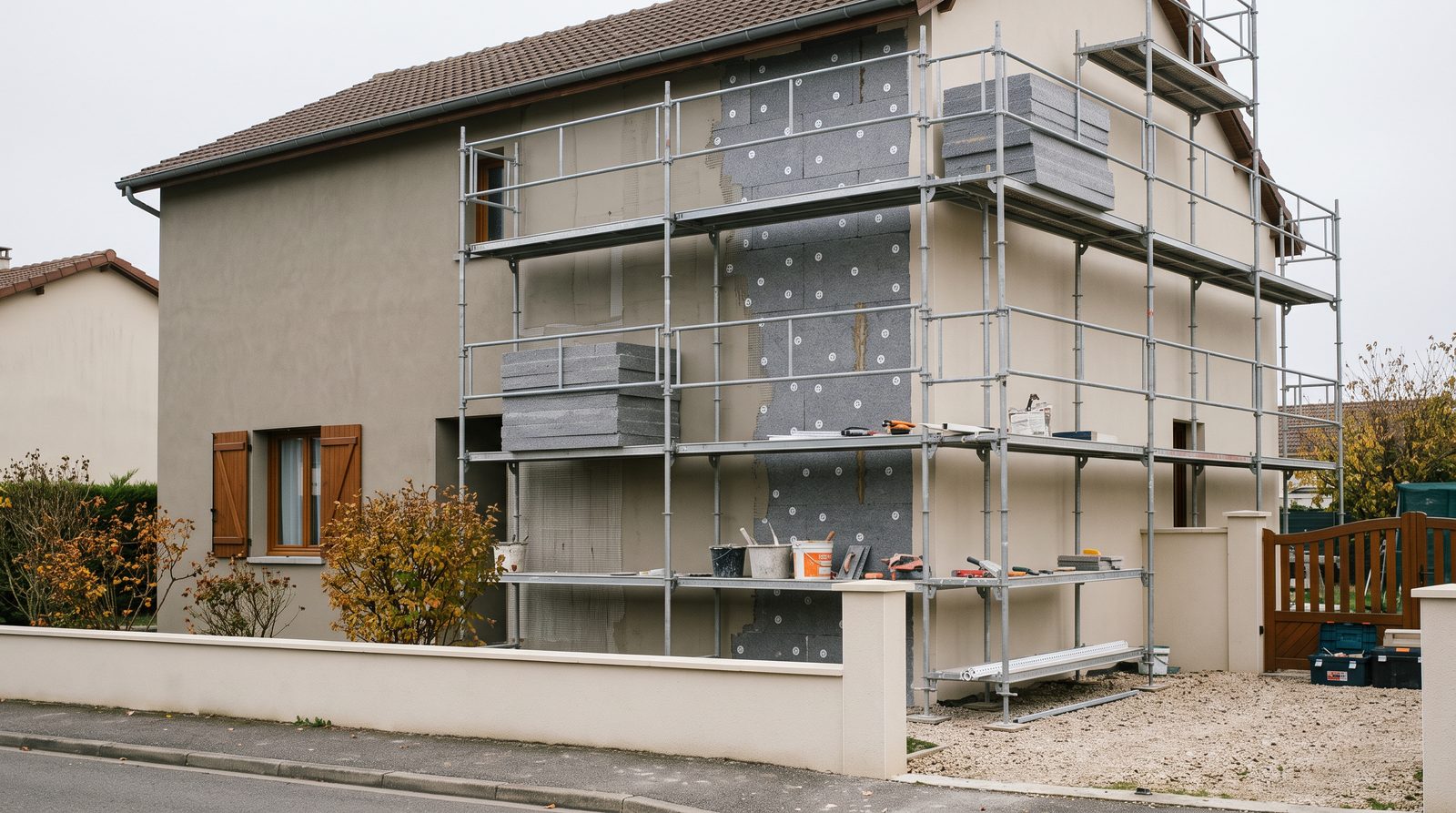 Chantier d’isolation par l’extérieur, panneaux isolants et échafaudage sur la façade d’une maison