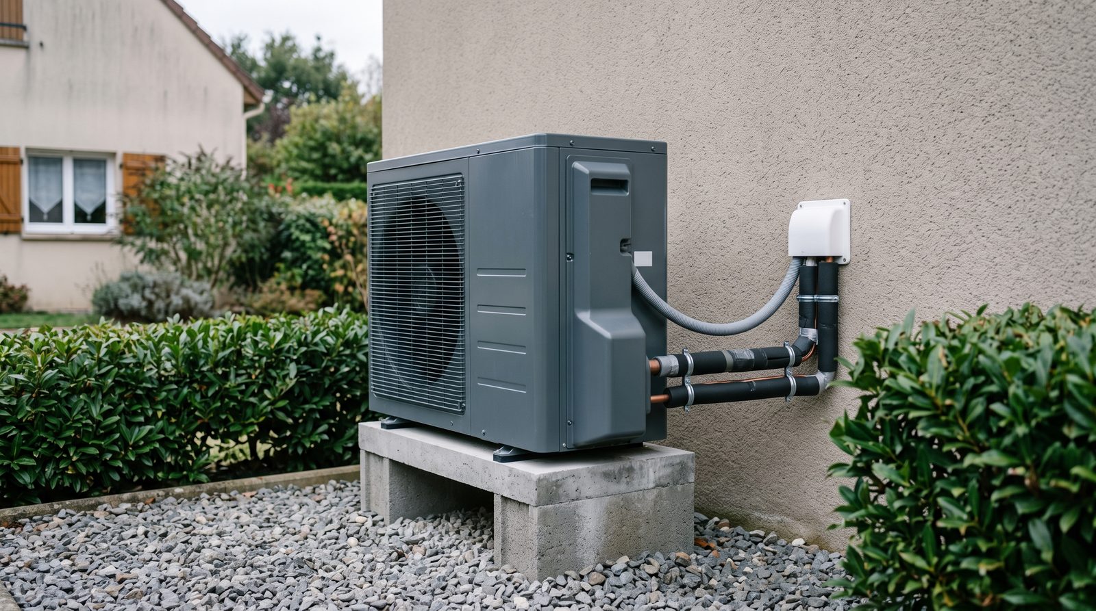 Unité extérieure de pompe à chaleur air-eau posée sur plots contre la façade d’une maison