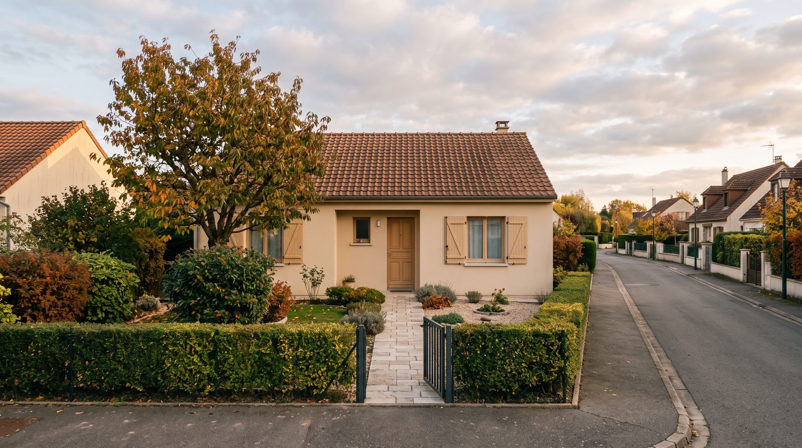 Pavillon rénové en Île-de-France, façade enduite et jardin, lumière d’automne