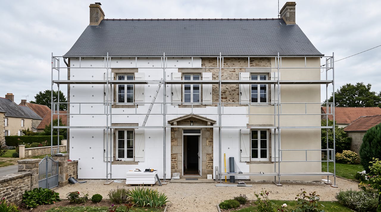 Chantier d’isolation des murs par l’extérieur sur une maison