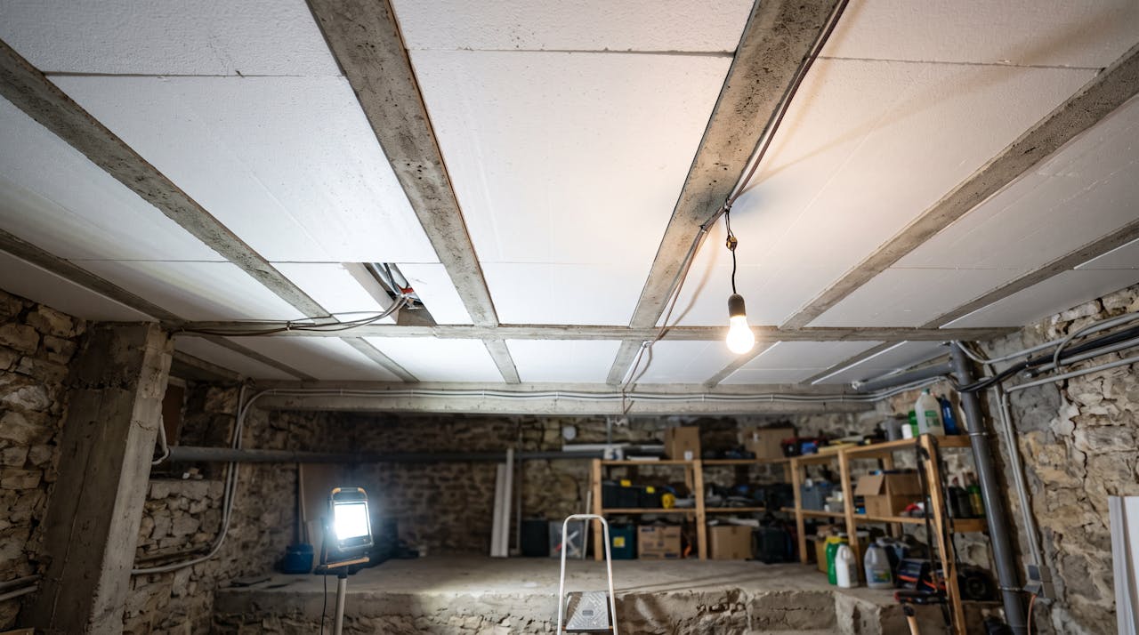 Panneaux isolants posés sous le plafond d’un sous-sol