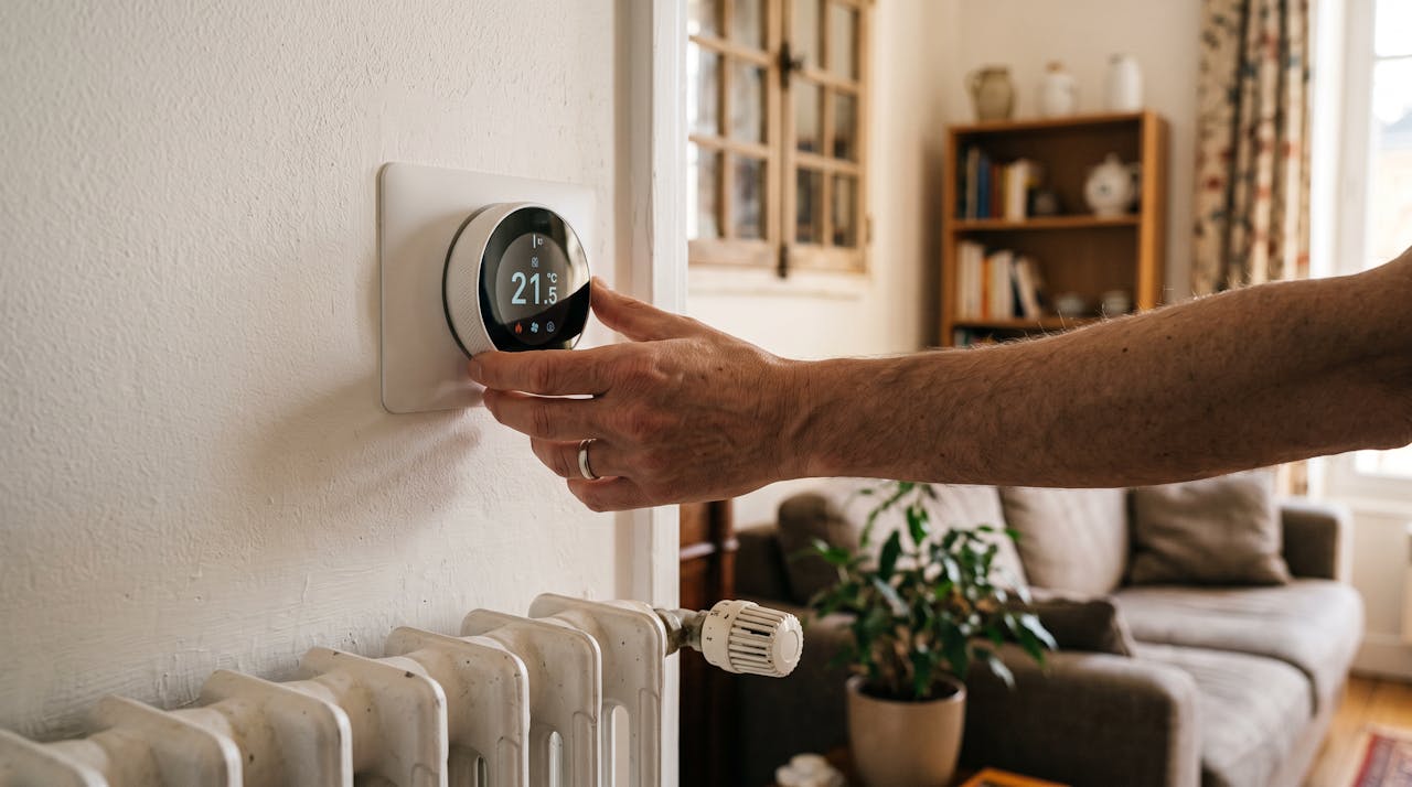Réglage d’un thermostat connecté sur un mur intérieur
